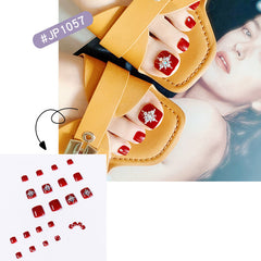 Glossy Crystal Toenails Press on Nails Red 3D Bling Square Pedicure Foot Full Cover