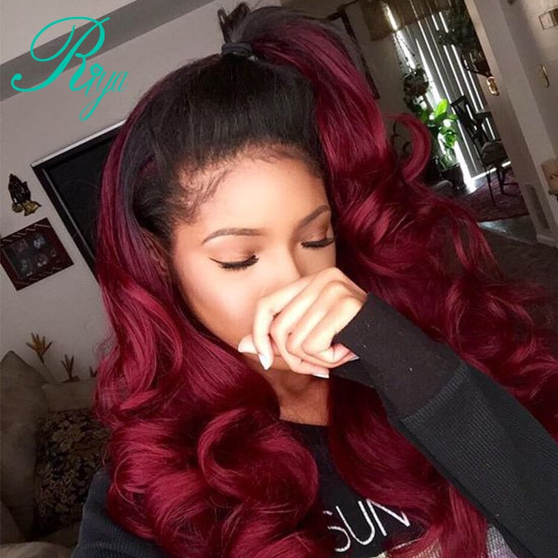 #1B/99J Ombre Body Wave Peruvian Remy Lace Frontal Human Hair Wig