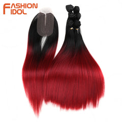 Straight Synthetic Yaki  Hair Bundles With Closure