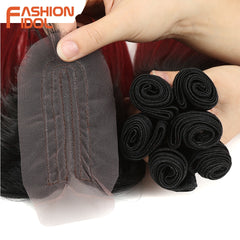 Straight Synthetic Yaki  Hair Bundles With Closure