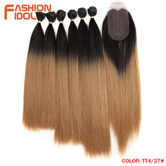 Straight Synthetic Yaki  Hair Bundles With Closure