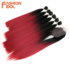 Straight Synthetic Yaki  Hair Bundles With Closure