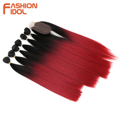 Straight Synthetic Yaki  Hair Bundles With Closure