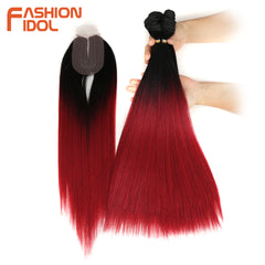 Straight Synthetic Yaki  Hair Bundles With Closure