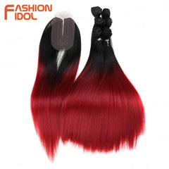 Straight Synthetic Yaki  Hair Bundles With Closure