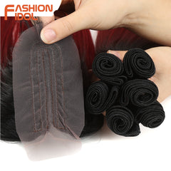 Straight Synthetic Yaki  Hair Bundles With Closure