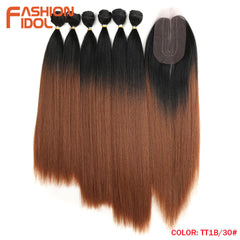 Straight Synthetic Yaki  Hair Bundles With Closure