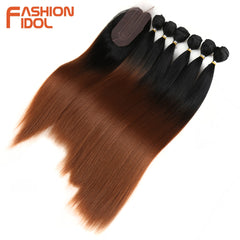 Straight Synthetic Yaki  Hair Bundles With Closure