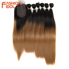 Straight Synthetic Yaki  Hair Bundles With Closure