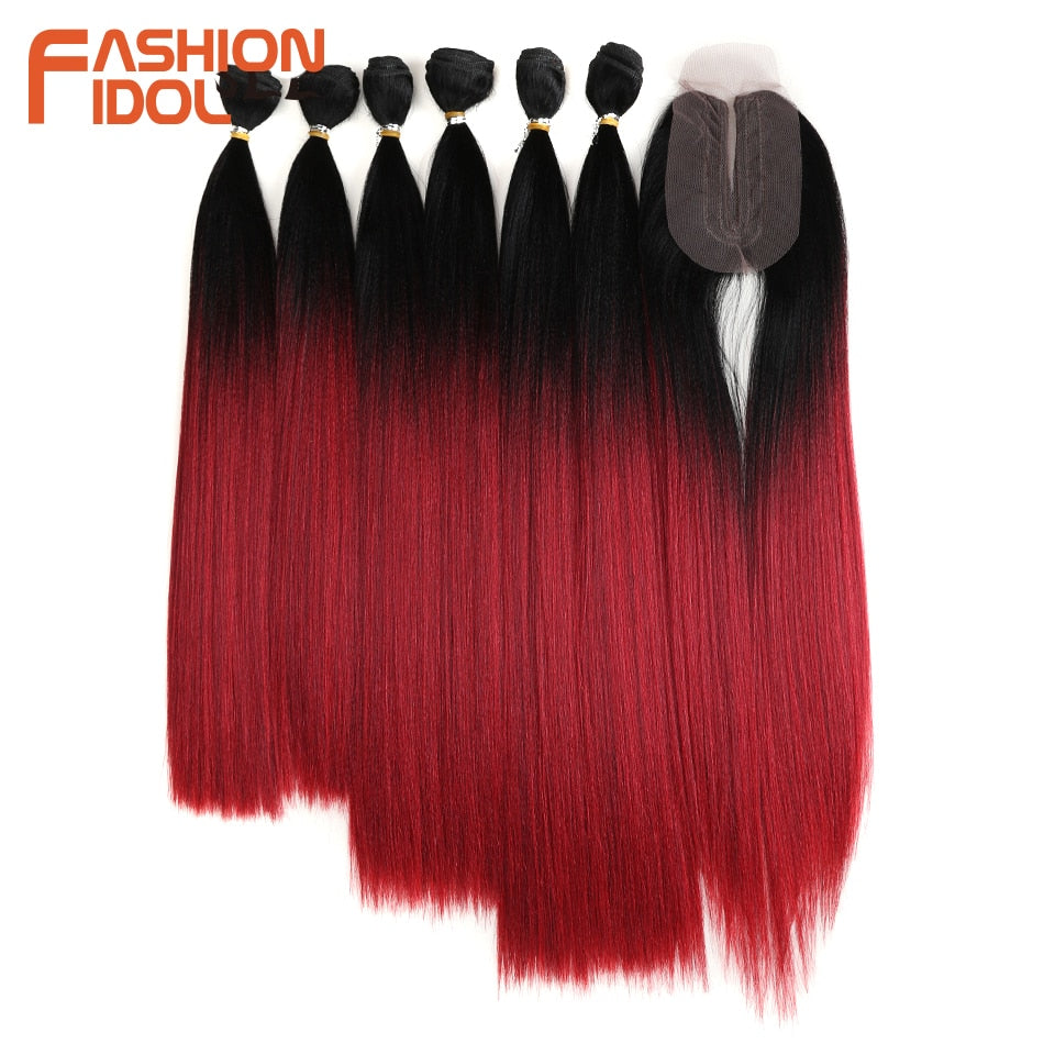 Straight Synthetic Yaki  Hair Bundles With Closure