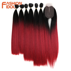 Straight Synthetic Yaki  Hair Bundles With Closure