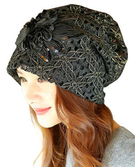 Metallic Lace Flower Slouchy Baggy Cap