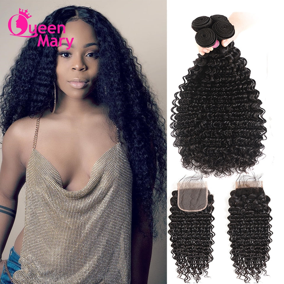 Brazilian Deep Wave Remy Human Hair Bundles With Closure