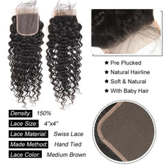 Brazilian Deep Wave Remy Human Hair Bundles With Closure