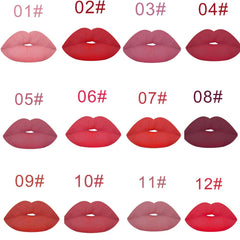 12PCS Pigment Colors Velvet Matte Liquid Lipstick Long Lasting Waterproof