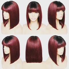 Ombre Red 99J Bob With Bangs 13x6 Lace Front Human Hair Wig Indian Remy