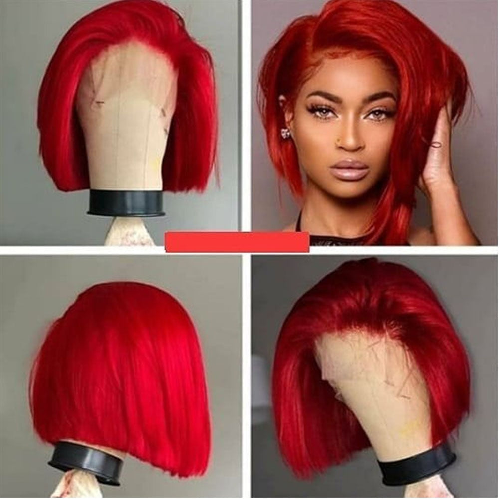 Red Straight  Lace Front Human Hair Wig Preplucked Hairline With Baby Hair