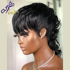 Short Pixie Cut Wig With Bangs Brazilian Remy Loose Wave Human Hair Full Machine Made No Lace Wigs