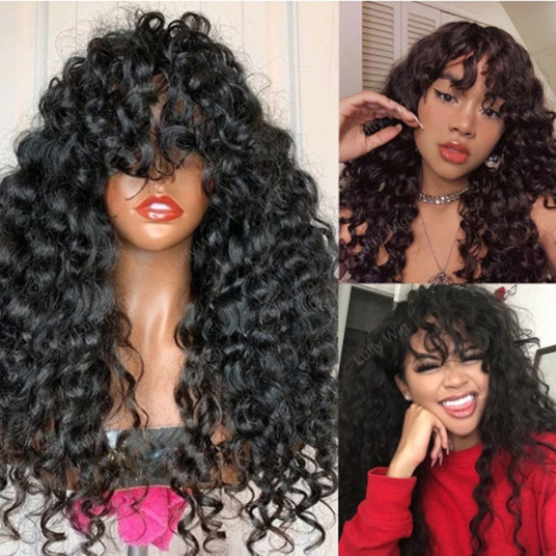 Natural Black Kinky Curly With Bangs Wig