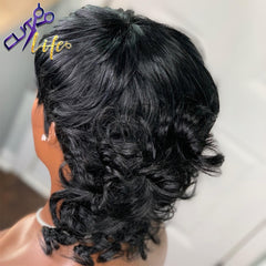 Short Pixie Cut Wig With Bangs Brazilian Remy Loose Wave Human Hair Full Machine Made No Lace Wigs