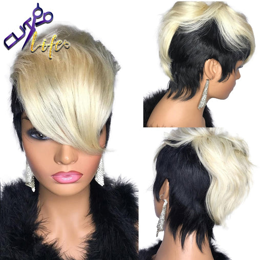 Honey Blonde Ombre Wavy Short Pixie Cut  Human Hair Wig With Bangs