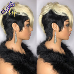 Honey Blonde Ombre Wavy Short Pixie Cut  Human Hair Wig With Bangs
