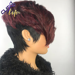 Burgundy 99J Ombre Wavy Pixie Short With Bangs Wig