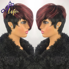 Burgundy 99J Ombre Wavy Pixie Short With Bangs Wig