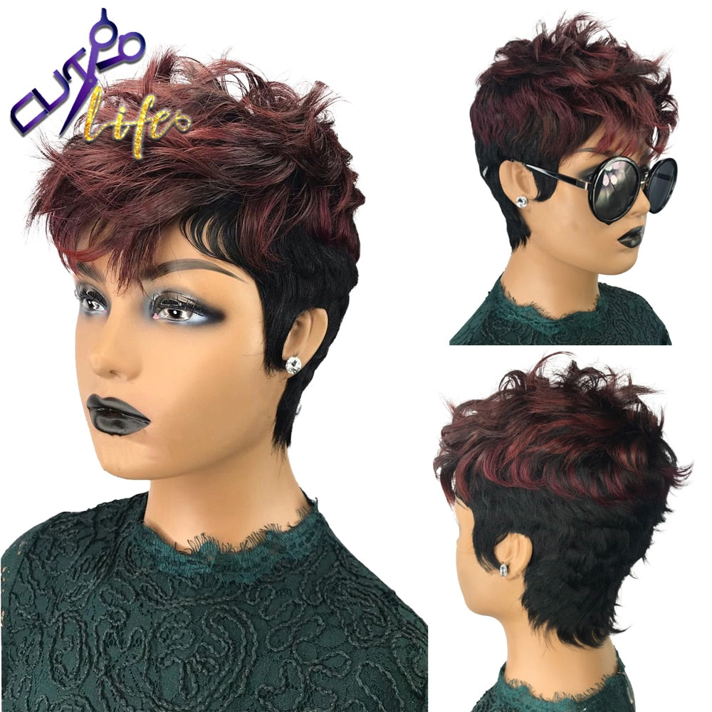 Burgundy 99J Ombre Wavy Bob Pixie Human Hair Wig With Bangs