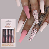 Long Coffin Fake Pink Leopard Design Nails