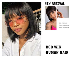 Natural Straight Bob Cut With Bangs Human Hair Glueless