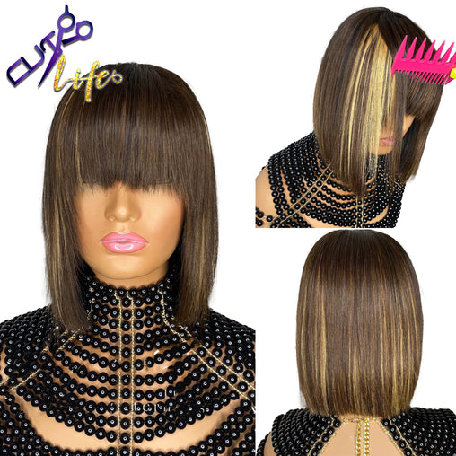 4/27 Highlight Bob Brazilian Straight Wig No Lace 100% Human Hair