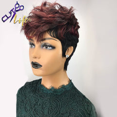 Burgundy 99J Ombre Wavy Bob Pixie Human Hair Wig With Bangs