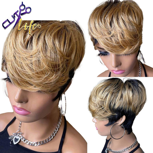 Ombre Honey Blonde 1B Short Pixie Bob Human Hair Wig