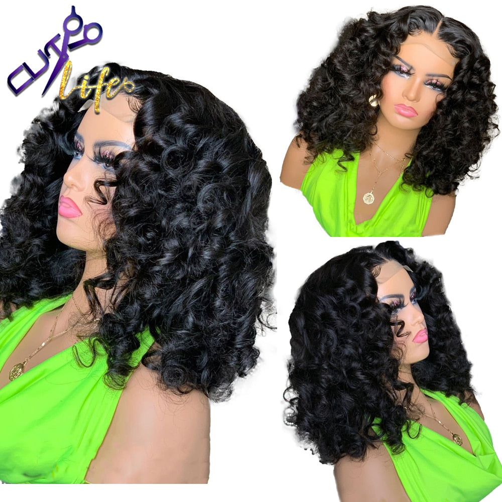 Natural Cut Curly Bob Lace Closure Wig Human Hair Pre Plucked Remy Brazilian