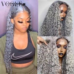 Deep Wave Frontal Long Grey Colored Lace Human Hair Wigs