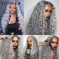 Deep Wave Frontal Long Grey Colored Lace Human Hair Wigs