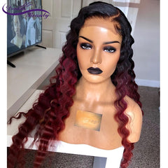 Deep Wave  13x4 Lace Frontal Human Hair Wig Ombre 99J Red Burgundy
