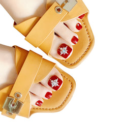Glossy Crystal Toenails Press on Nails Red 3D Bling Square Pedicure Foot Full Cover