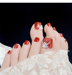 Glossy Crystal Toenails Press on Nails Red 3D Bling Square Pedicure Foot Full Cover
