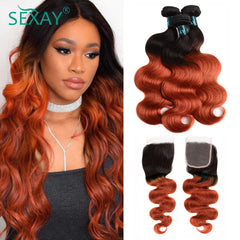 1B/350 Two Tone Golden Blonde Unprocessed Brazilian Body Wave Human Hair With Lace Closure